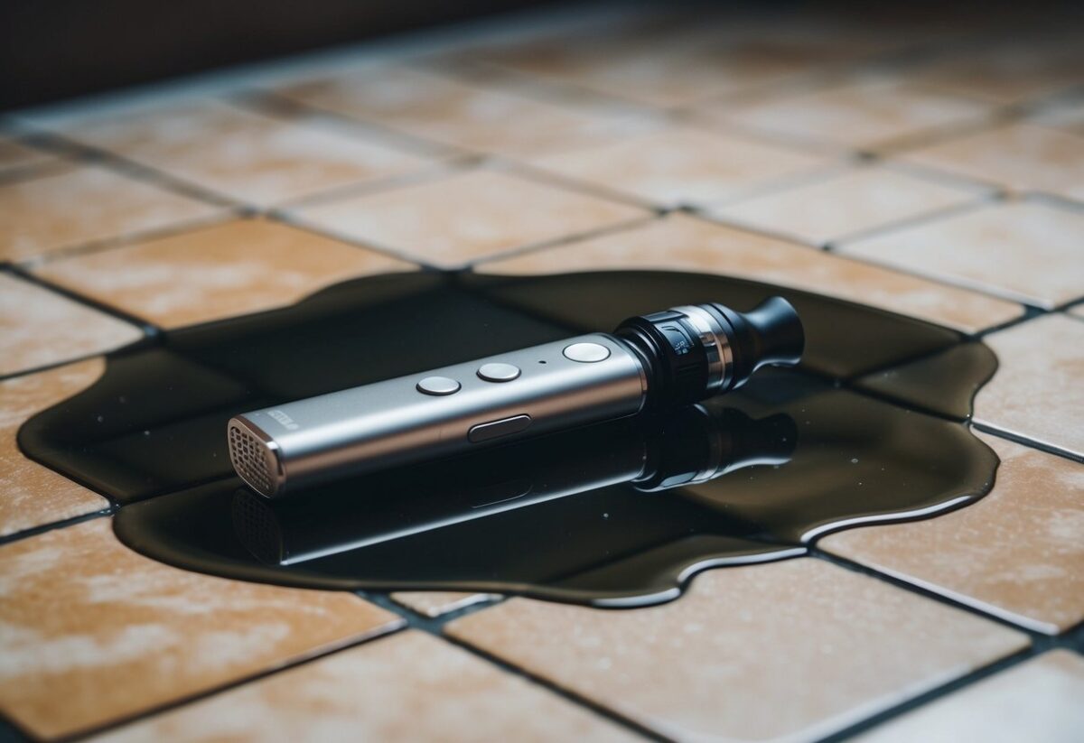 Um dispositivo de vape deitado em uma poça de água em um chão de azulejos